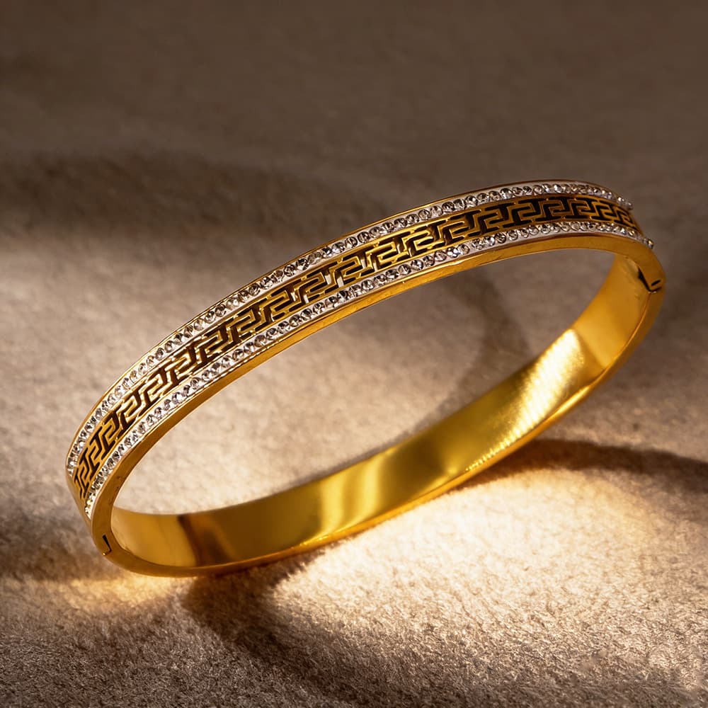 18K Gold-Plated Greek Key Bangle with CZ Stones