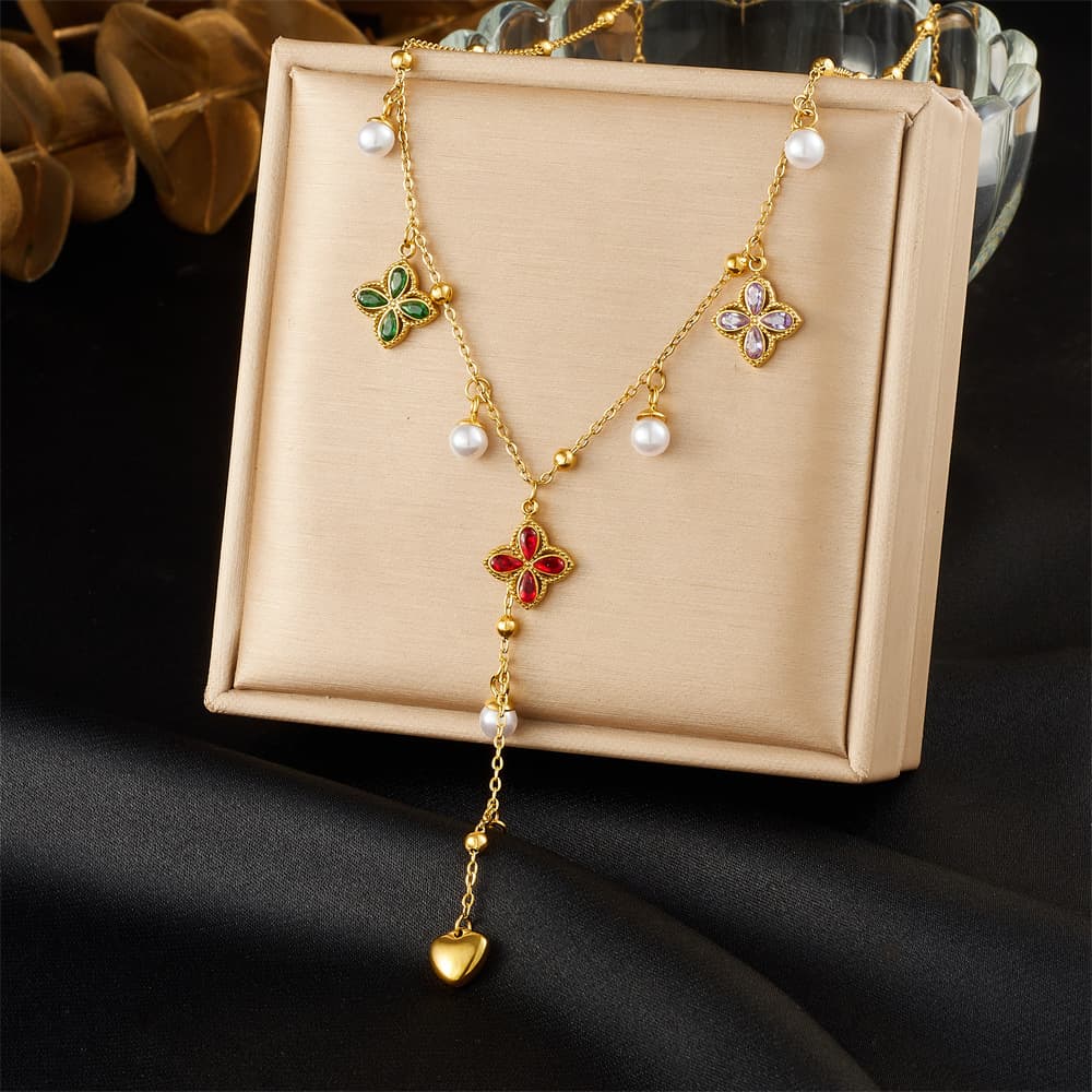 18K Gold 4-Leaf Clover & Pearl Lariat Necklace — photo 1