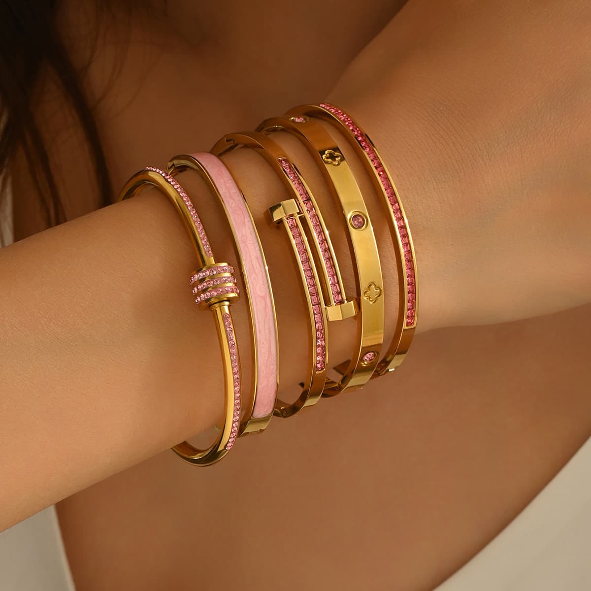 18K Gold Bangle Stack (4-piece pink + pavé set)