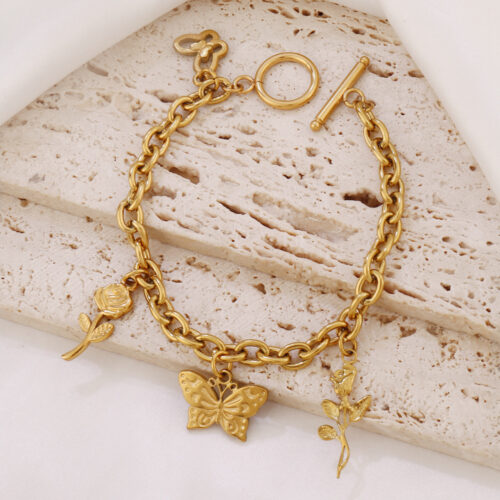 Retro Flower Butterfly Bracelet, Stainless Steel 18K Gold  Plated.